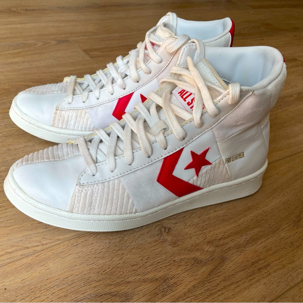 Converse White Leather High-Top Sneakers with Red Star Chevron